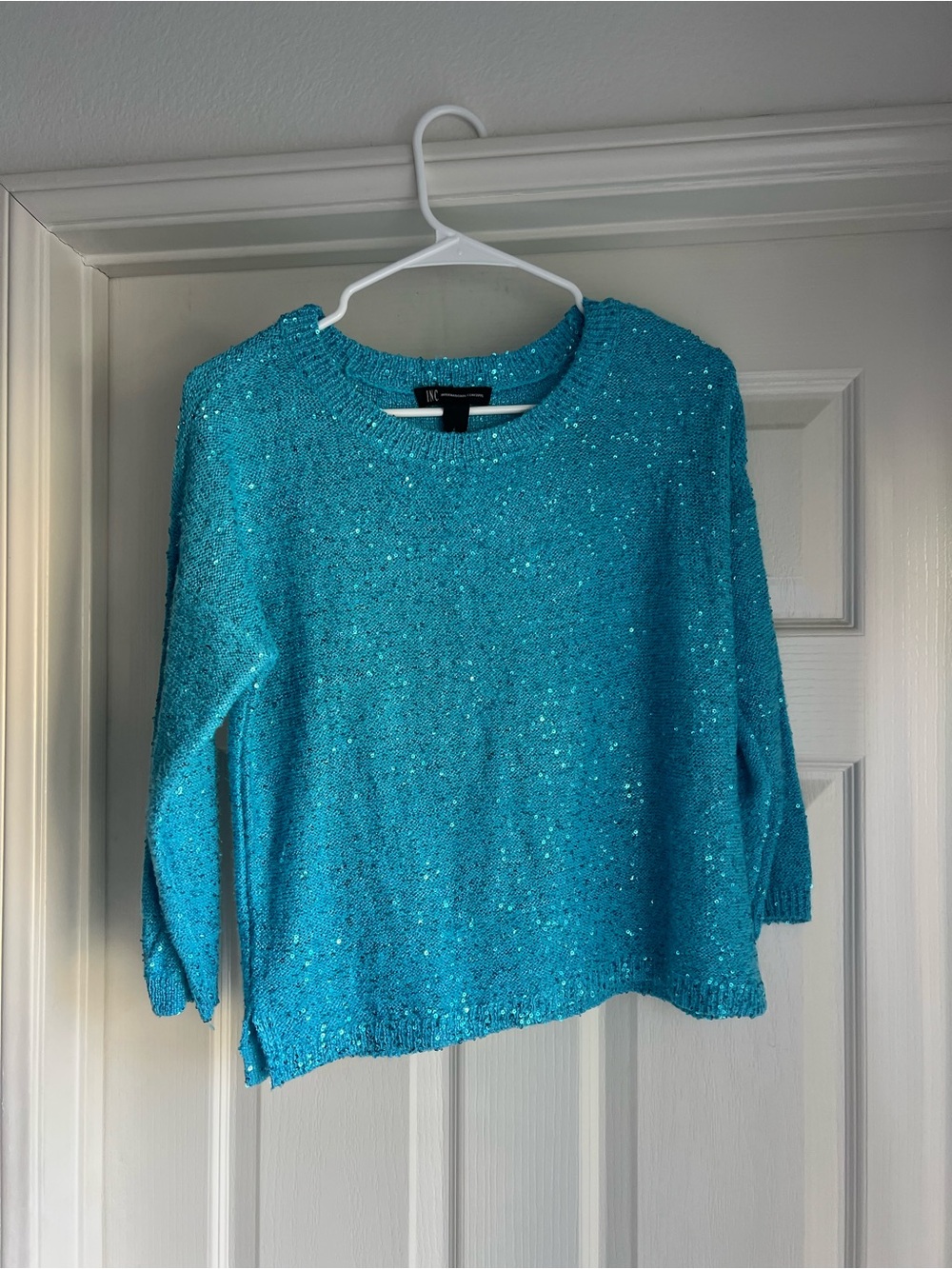 INC International Concepts Turquoise Sequin Crewneck Sweater
